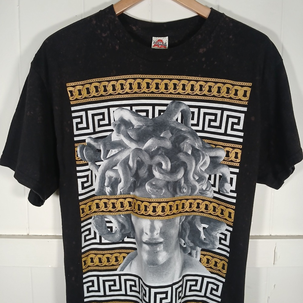 Medusa Greek Gold Chain Graphic T-Shirt Acid Bleach Wash Men Large Black Alstyle - Picture 5 of 7